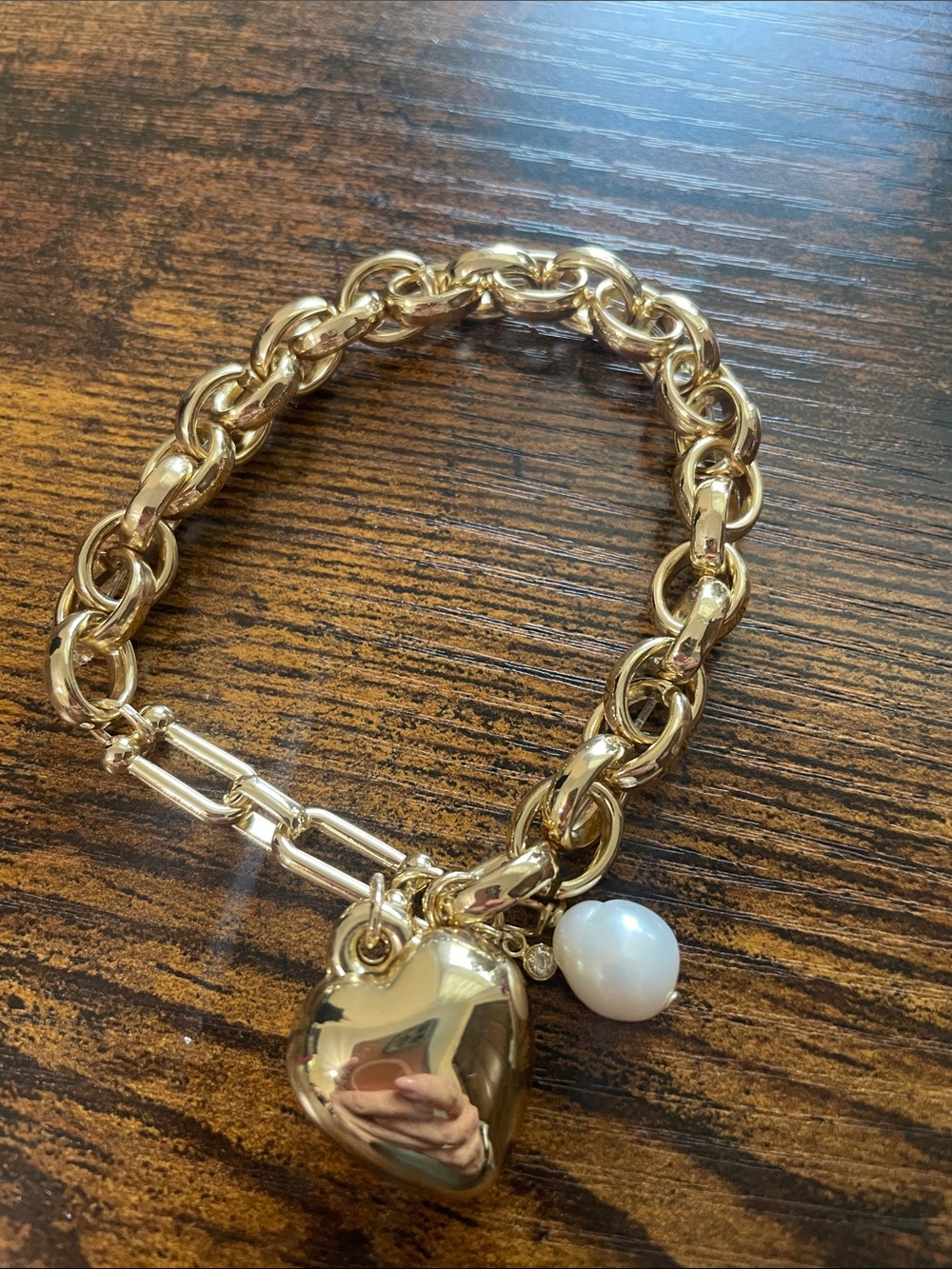 LOFT Gold-Tone Heart Charm Bracelet with Pearl Accent